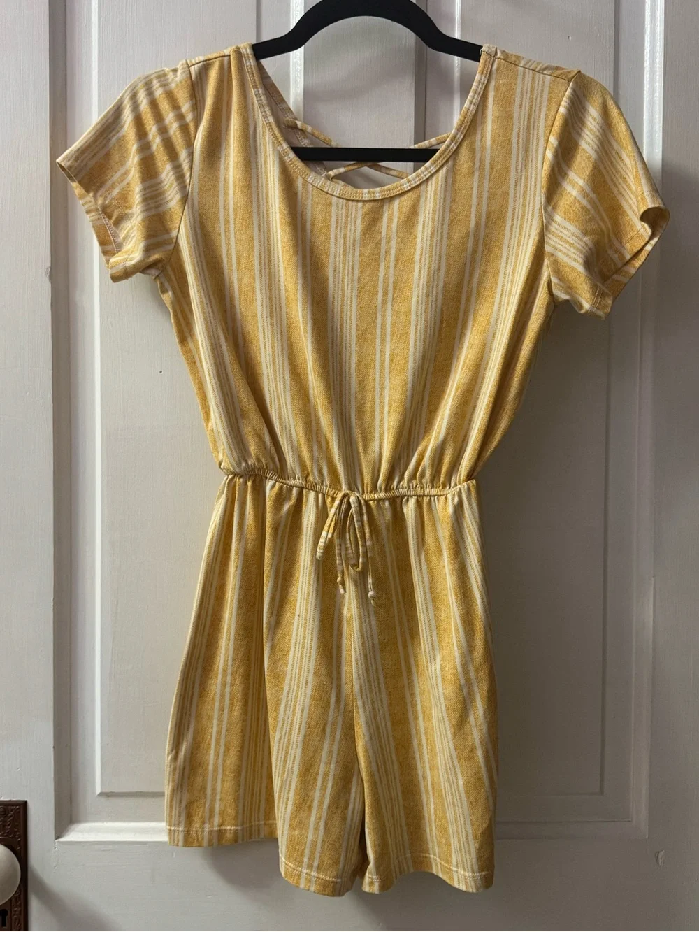 Love Yellow and White Striped Short-Sleeve One-Piece Romper